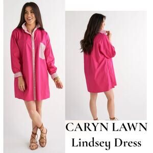 Caryn Lawn Shirt Dress OSFM Lindsey Preppy Coastal 100% Cotton Striped Trim $188